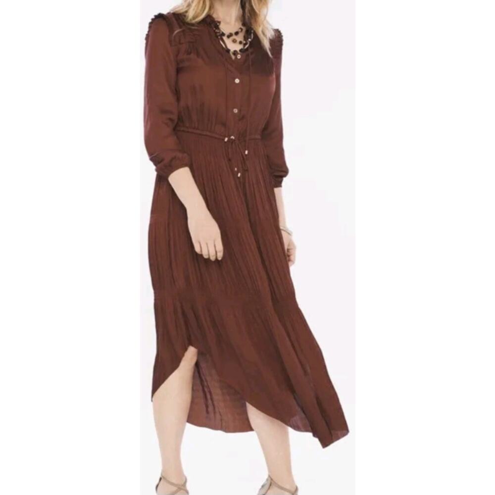 Chico's Silky Brown Button Down Midi Hi Low Dress Size 3 16/18